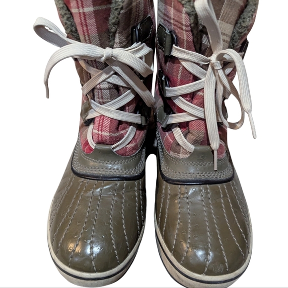 Sorel Green Red Plaid Tivoli Waterproof Sherpa Lined Boots Size 9 - Picture 2 of 9